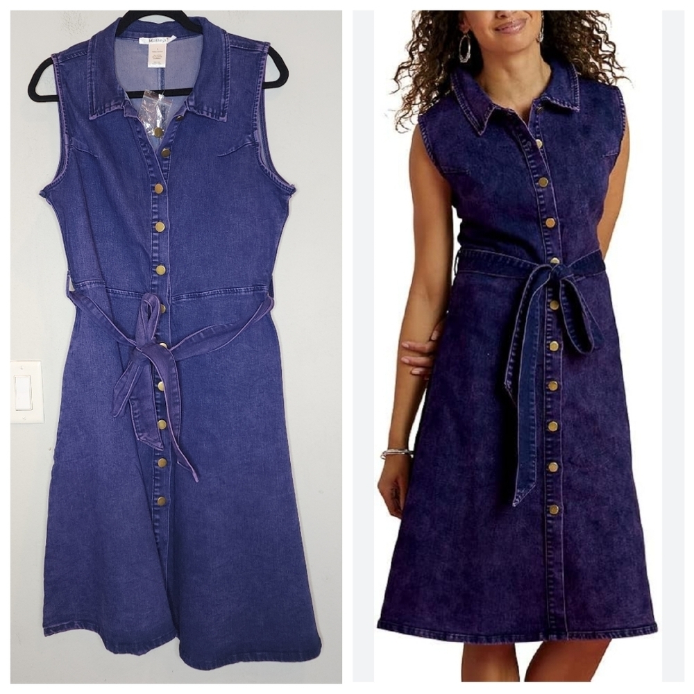 Masseys Purple Stretch Denim Sleeveless Button-Down Belted Dress Size Large New